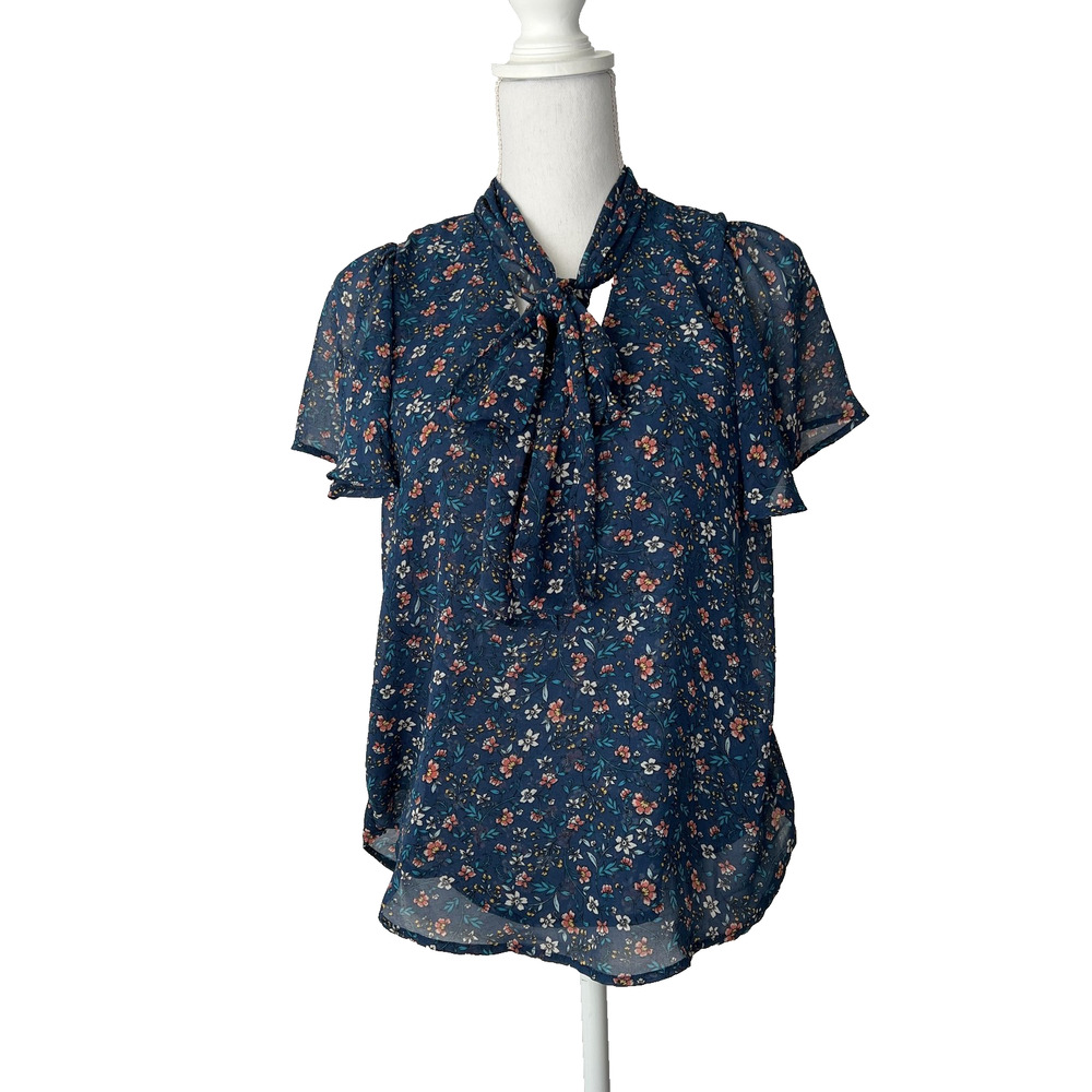 Lucy White‎ Top Womens Small Blue Floral Sheer Tie Neck Boho Whimsigoth Feminine